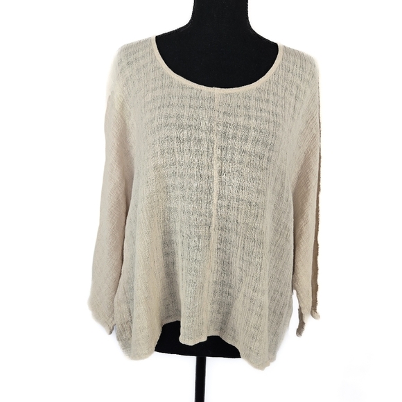 FOR CYNTHIA LINEN Blend Boxy Sheer 3 Quarter Sleeve Top Cream Color - Picture 1 of 7